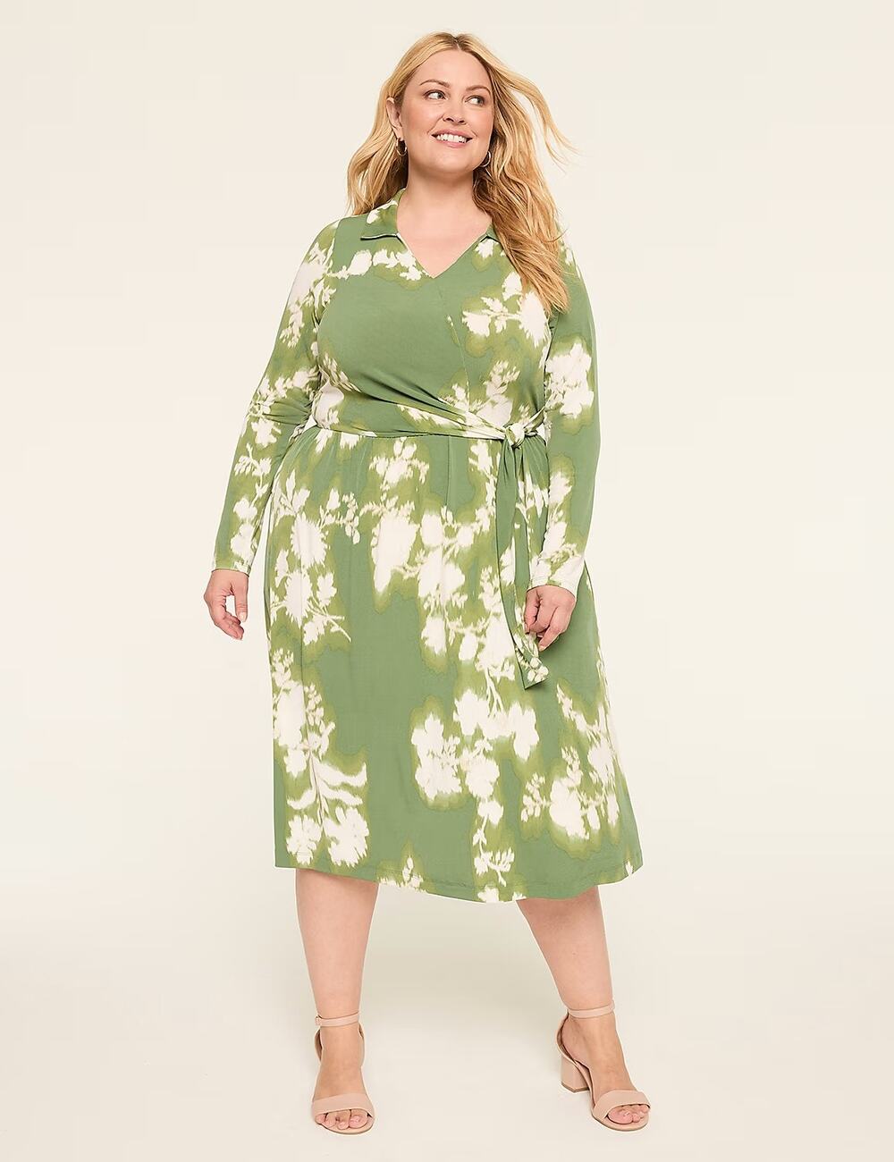Lane Bryant Faux Wrap Midi Dress 26/28 Green Floral Fall Wedding Guest NWT